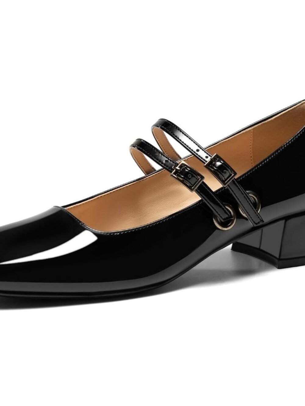 Women's Black Mary Jane Low Pearl Heels Closed Square Toe Pumps Ballet Shoes